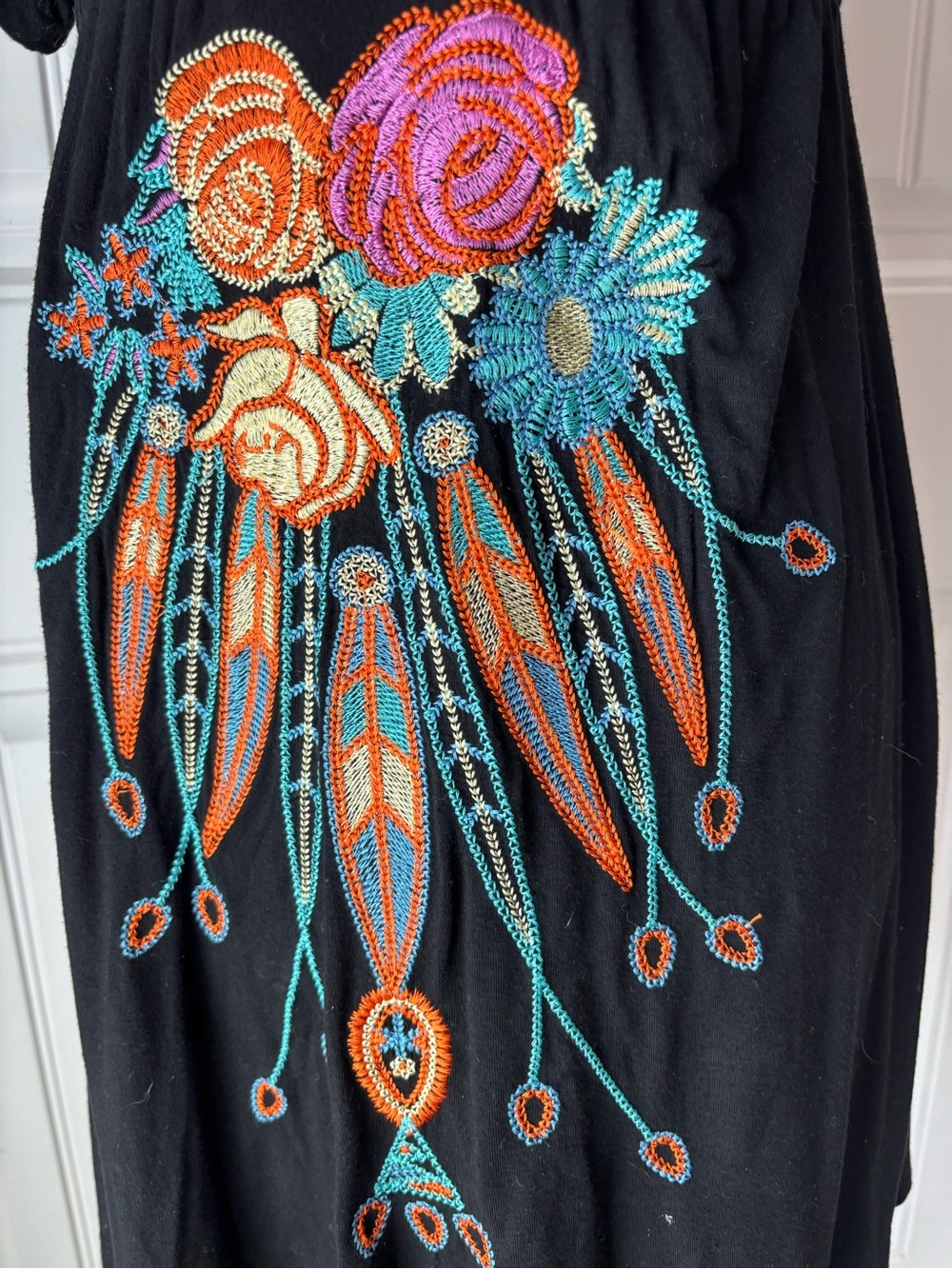 Black Embroidered V-Neck Mini Dress with Multicolor Floral Motif - Picture 3 of 8